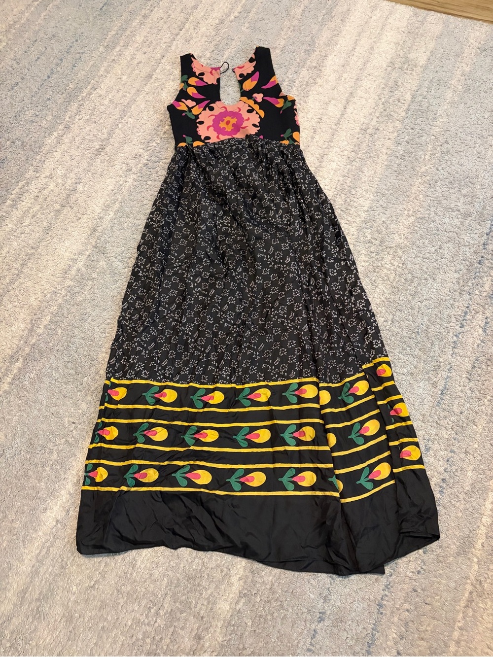 Anupamaa Anthropologie Silk Blend Maxi Dress M Black Floral Boho Sleeveless Indi - Picture 6 of 7
